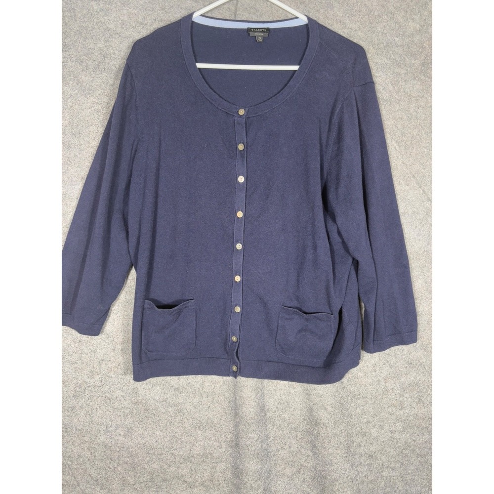 Talbots‎ Cardigan Womens XL Navy Blue Pima Cotton Blend Button Front 3/4 Sleeve